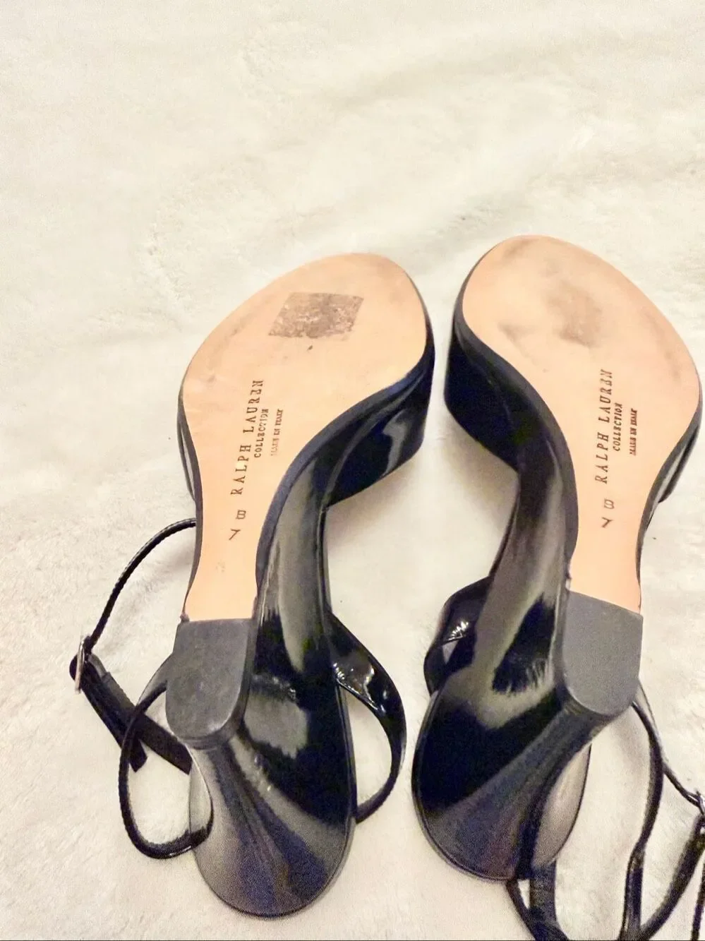 Ralph Lauren Collection Black Patent Leather Wedge Peep Toe Heels Size 7